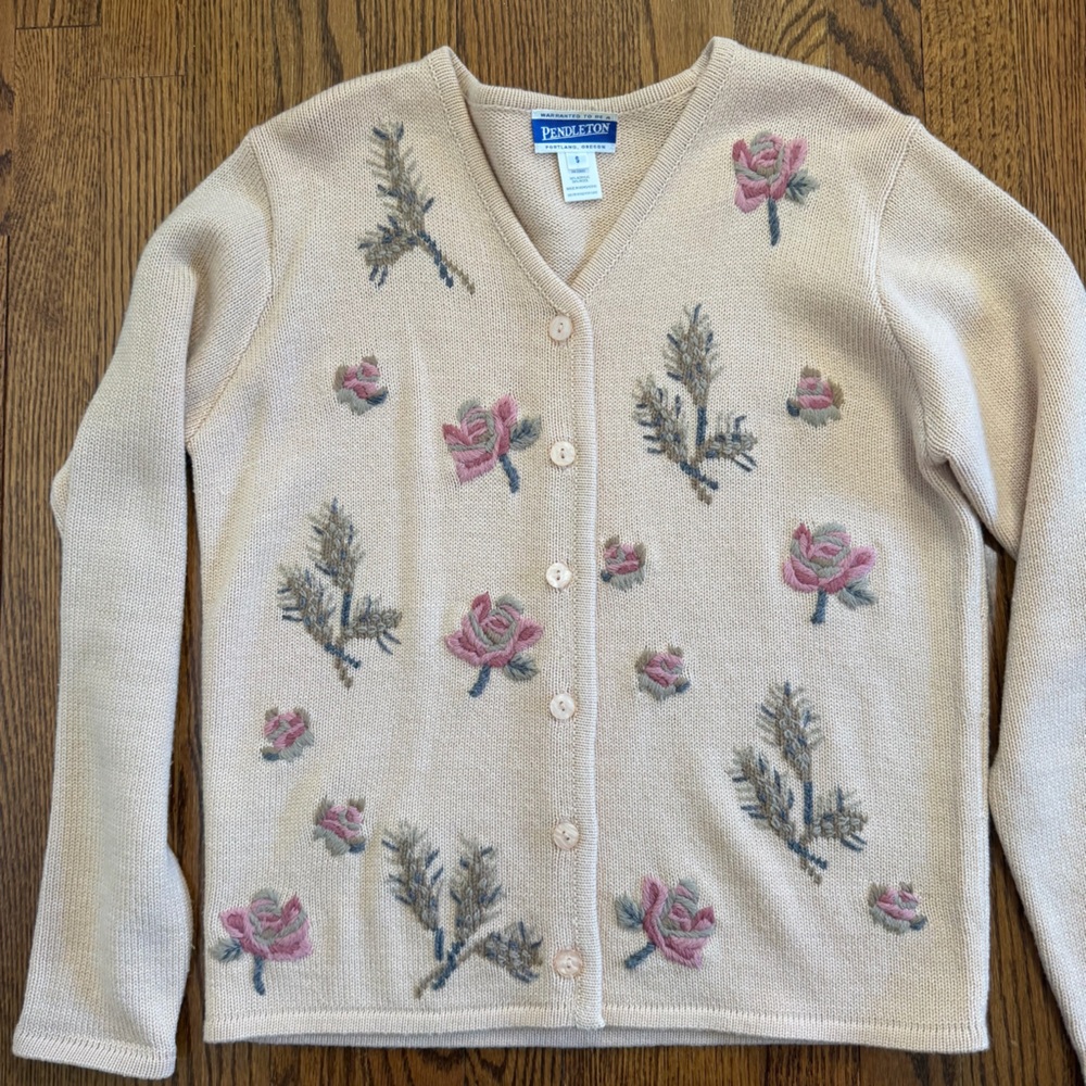 Pendleton Cream Embroidered Wool Blend V Neck Cardigan Sweater Size Small